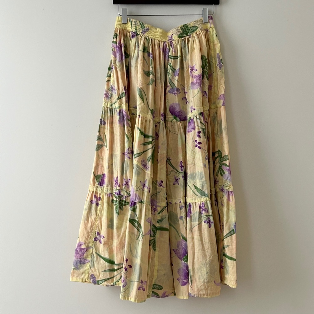Vintage Reversible Pink Yellow Floral Tiered Cotton Maxi Skirt